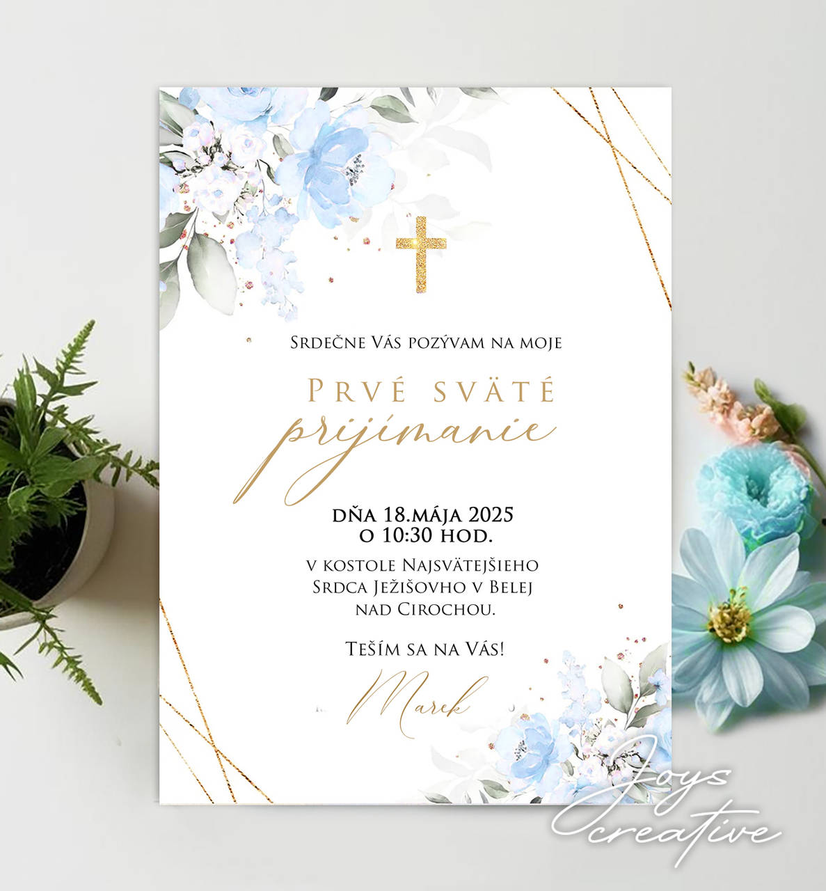 Pozvánka na 1. sväté prijímanie s kvetmi a krížikom (modrá)