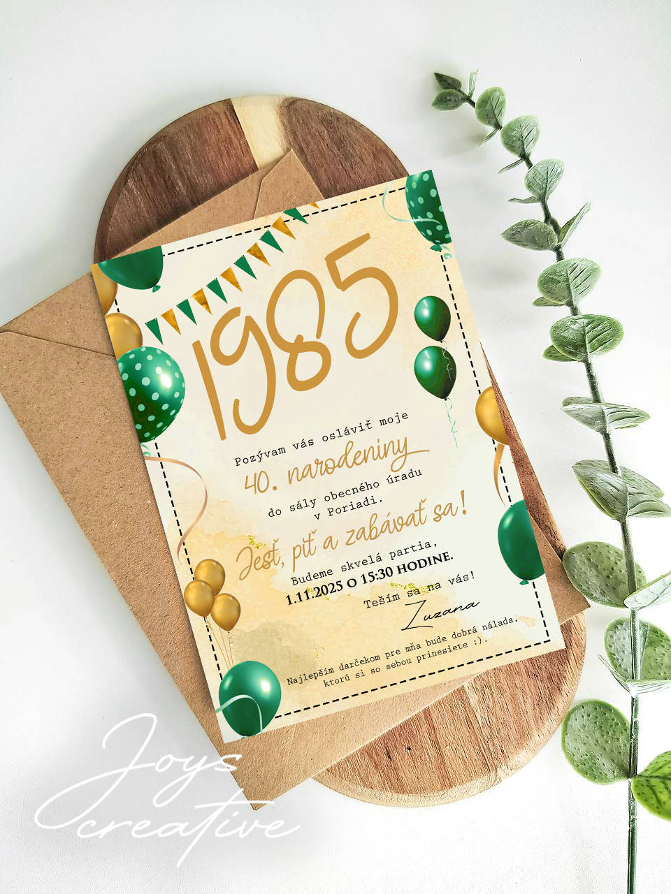Narodeninová pozvánka na 30, 40, 50 s balónmi  (zelené balóny)