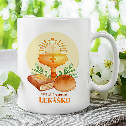 Nádoby - PRVÉ SVÄTÉ PRIJÍMANIE keramický hrnček s ľubovoľným menom  - 17256235_