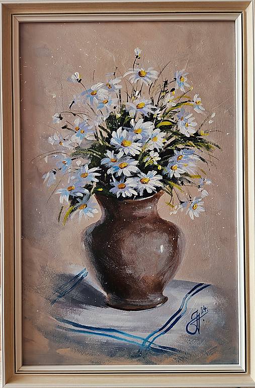 Obrazy - Obraz "Margaréty v džbáne", 26,5x40cm, zarámovaný. - 17263595_