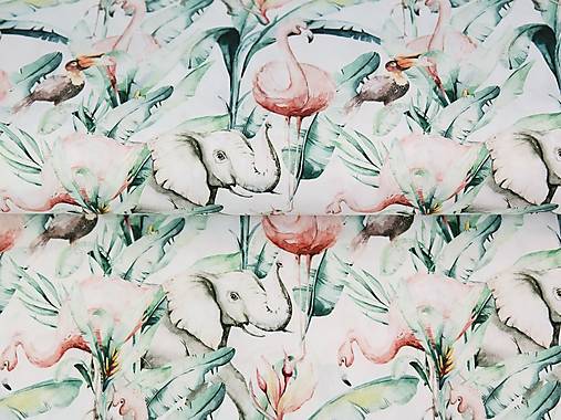 Textil - úplet - biela fauna / slon / plameniak - 17266234_