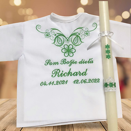Detské oblečenie - Košieľka na krst k07 zelená a sviečka na krst zelené kvietky - 17268373_