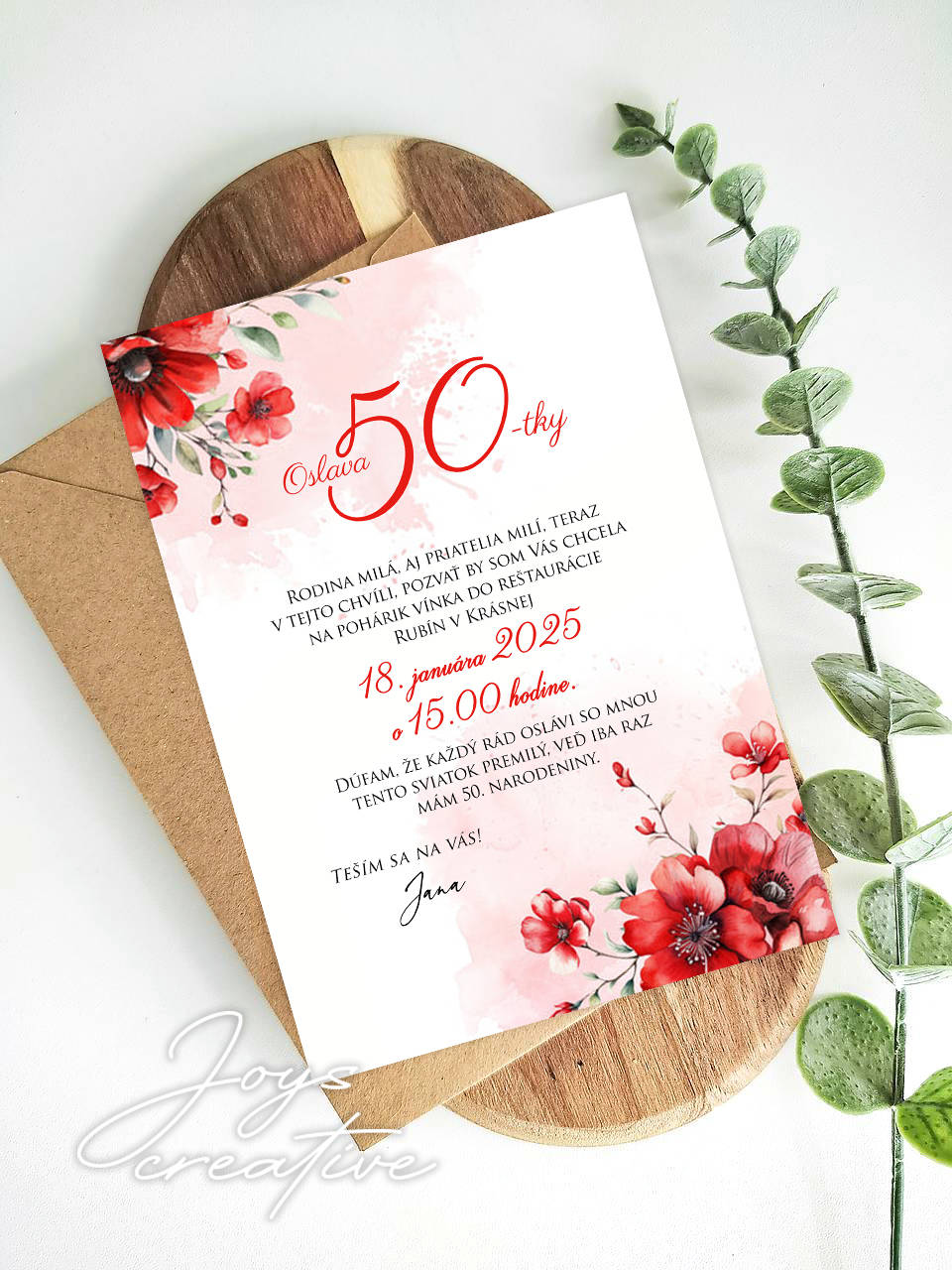 Pozvánka na narodeniny, narodeninová pozvánka na 50 červené kvety