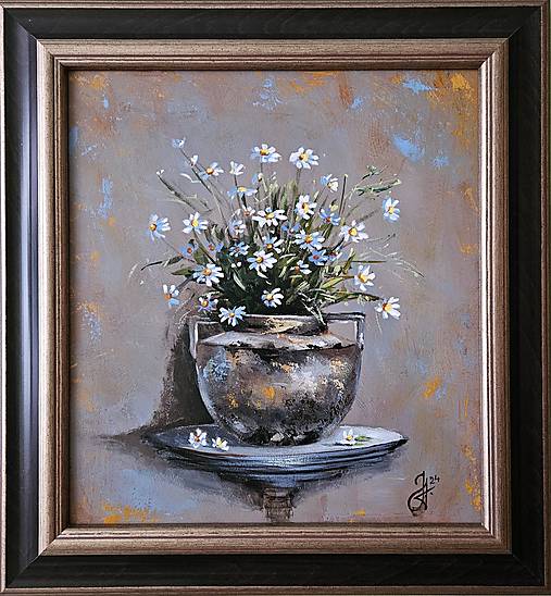 Obrazy - Obraz "Margaréty v antickej váze", 27x30cm, zarámovaný. - 17278867_