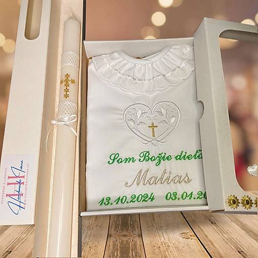 Detské oblečenie - Košieľka na krst k42 zelená zlatá strieborná v darčekovej krabičke + krstová sviečka zlatý krížik - 17279291_