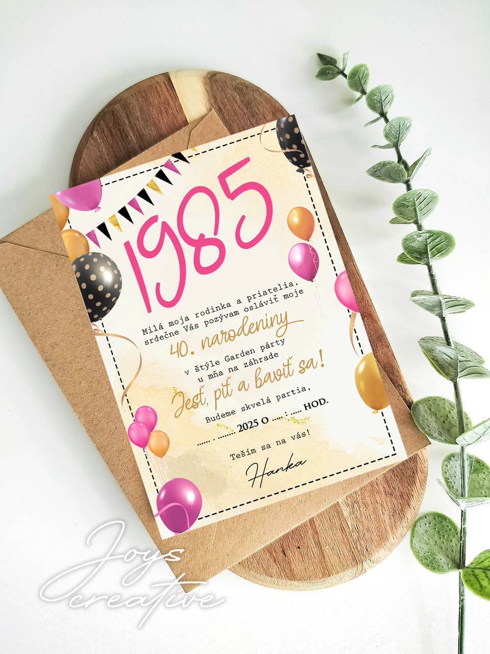 Narodeninová pozvánka na 30, 40, 50 s balónmi  (ružové, čierne  a zlaté baóny)