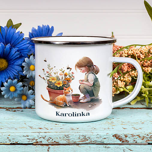 Nádoby - DIEVČATKO S MAČIATKOM 2 smaltovaný hrnček s ľubovoľným menom - 17290145_