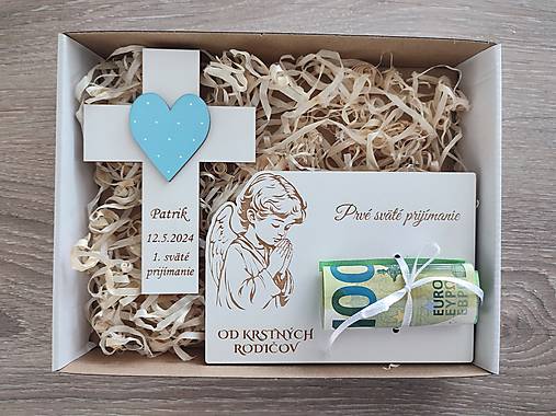 Dekorácie - Krížik a tabuľka na peniaze k prvému svätému prijímaniu - 17299219_