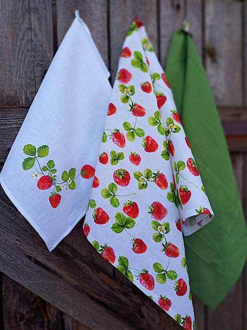 Úžitkový textil - Súprava 3 ľanových utierok " Jahodová vetvička " - 17306470_