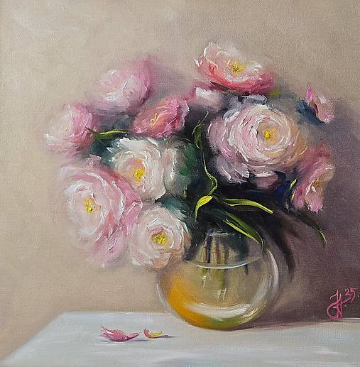 Obrazy - Obraz "Pivónie vo váze", 40x40 cm. Olejomaľba. - 17304265_