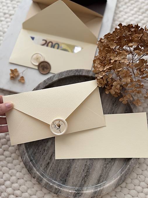 Papiernictvo - Krémová obálka na peniaze BLOOM 3v1 (obálka, pečať, list) - 17309046_