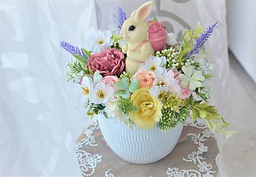 Dekorácie - veľkonočný aranžmánik so zajkom-2 - 17308955_