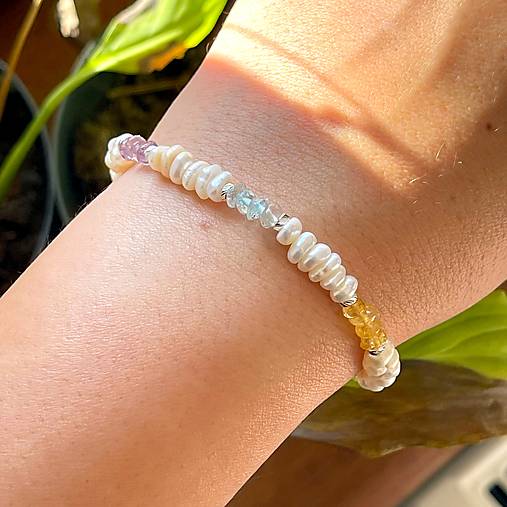 Elastic Pearls Bracelet AG925 / Elastický náramok perly, citrín, akvamarín, olivín, ametyst, striebro E003