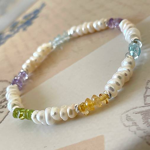 Elastic Pearls Bracelet AG925 / Elastický náramok perly, citrín, akvamarín, olivín, ametyst, striebro E003
