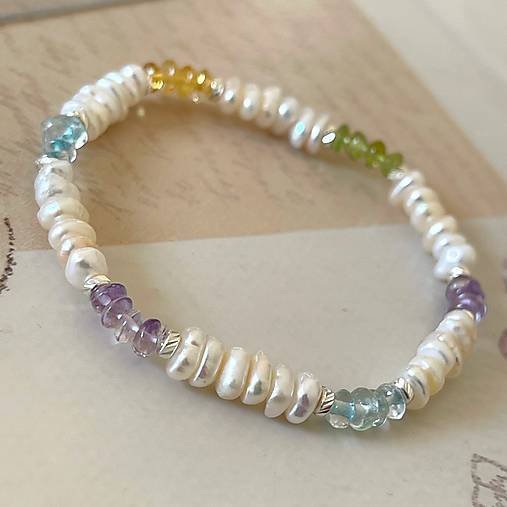 Elastic Pearls Bracelet AG925 / Elastický náramok perly, citrín, akvamarín, olivín, ametyst, striebro E003