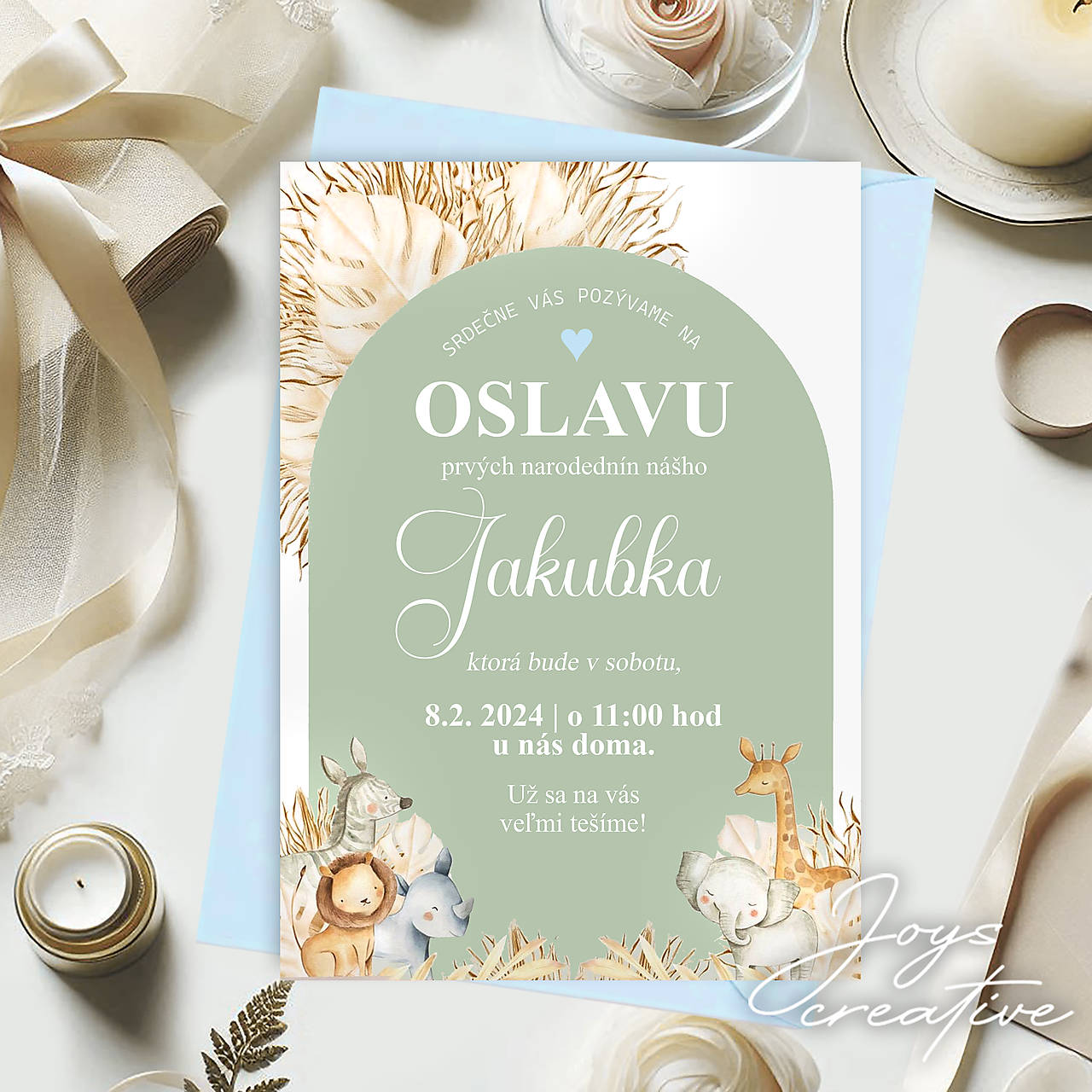 Narodeninová pozvánka BOHO so safari zvieratkami (Zelená)