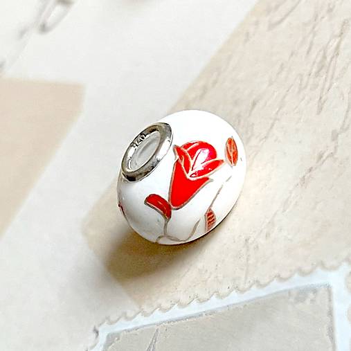 Gemstone European Style Pendant Rondelle Bead / Prívesok, korálka keramická AG925 E050 (č.1 biela s červenými kvetmi)