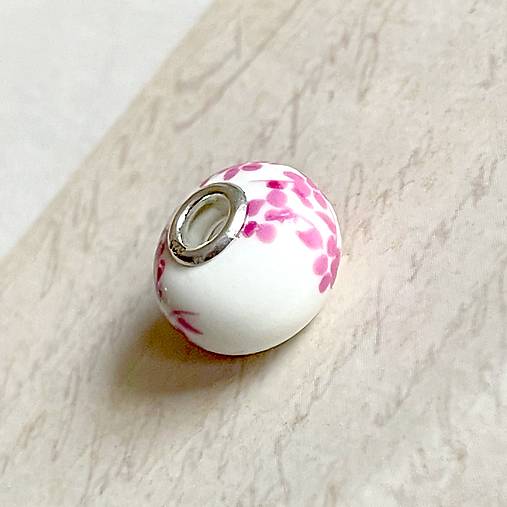 Gemstone European Style Pendant Rondelle Bead / Prívesok, korálka keramická AG925 E050 (č.3 biela s ružovými kvetmi)