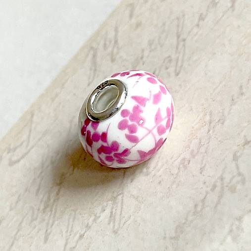 Gemstone European Style Pendant Rondelle Bead / Prívesok, korálka keramická AG925 E050 (č.3 biela s ružovými kvetmi)