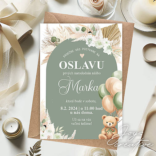 Narodeninová pozvánka s mackom s balónmi  BOHO