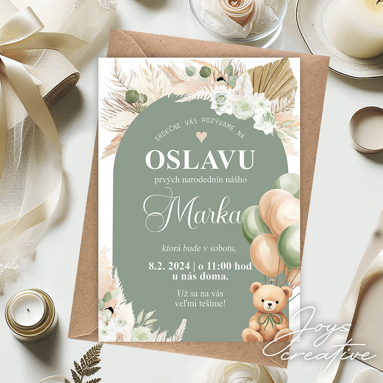 Narodeninová pozvánka s mackom s balónmi  BOHO