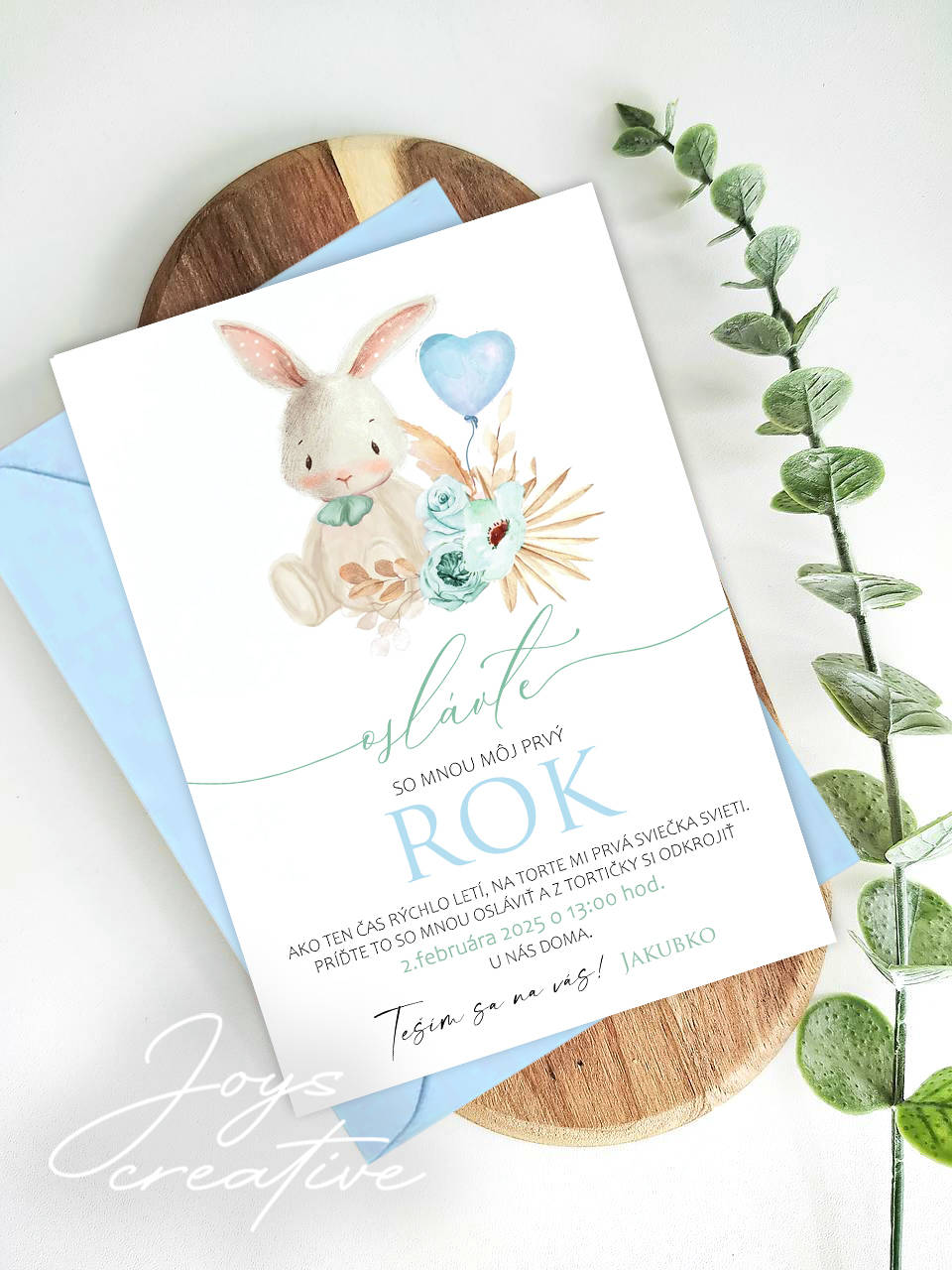 Narodeninová pozvánka so zajkom BOHO (Modrá)