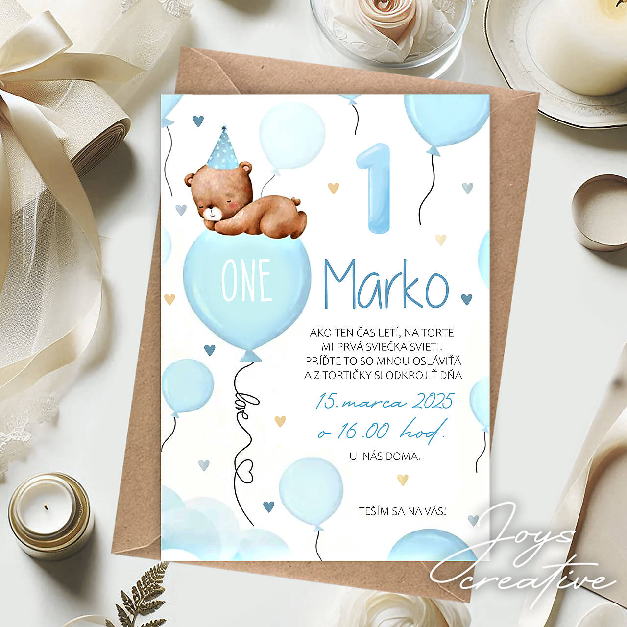 Narodeninová pozvánka so spiacim mackom na balóniku