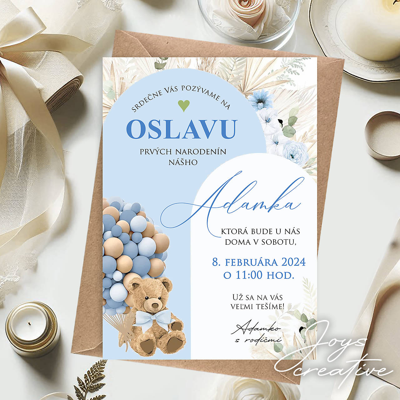 Narodeninová pozvánka s mackom s balónmi  BOHO (Tyrkysová)