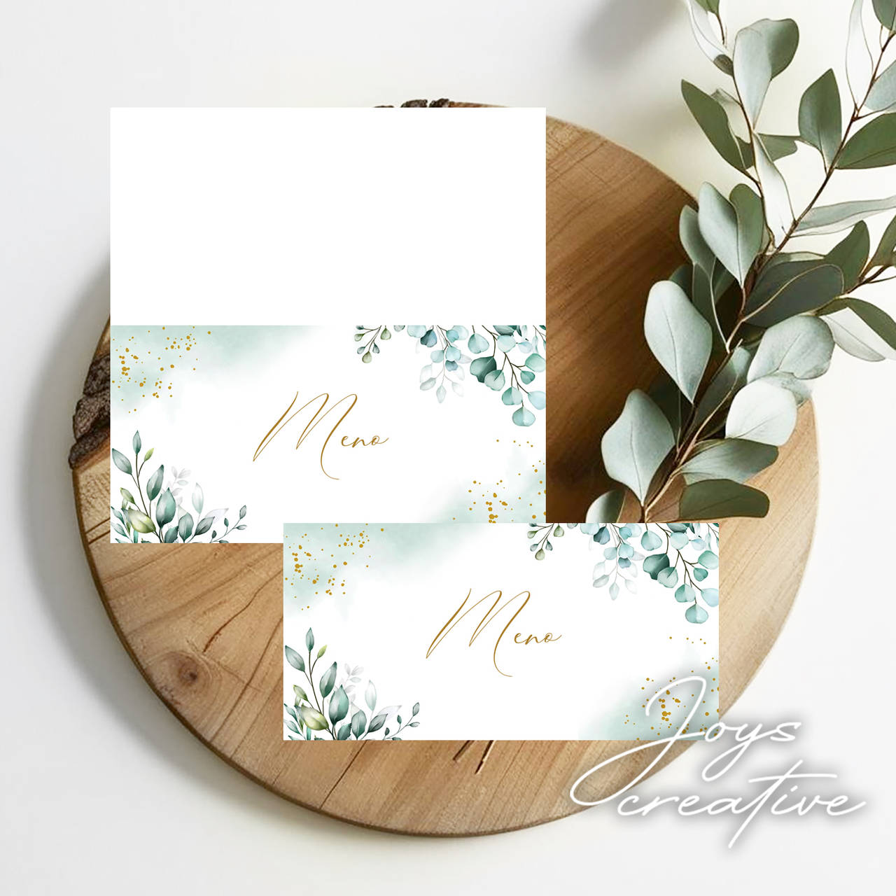 Menovky v štýle greenery s listami s geometrickým vzorom