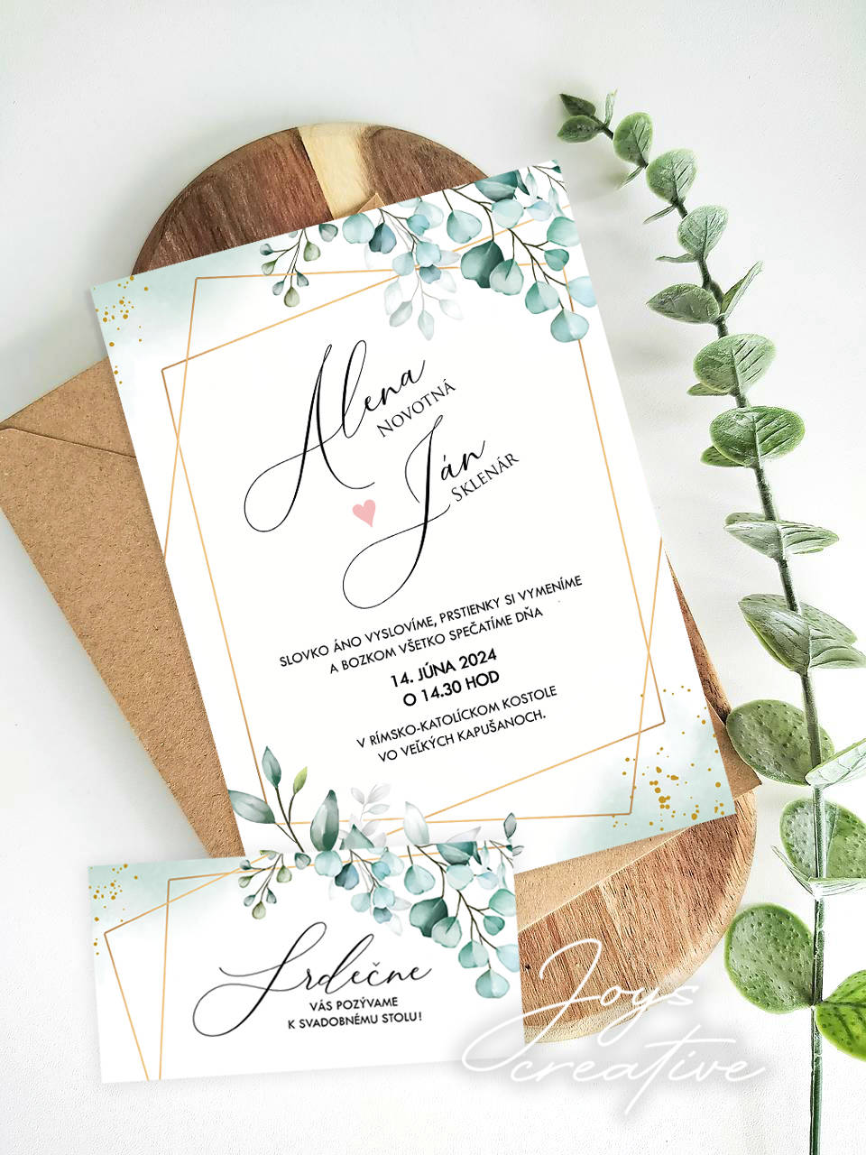 Svadobné oznámenie v štýle greenery s listami s geometrickým vzorom