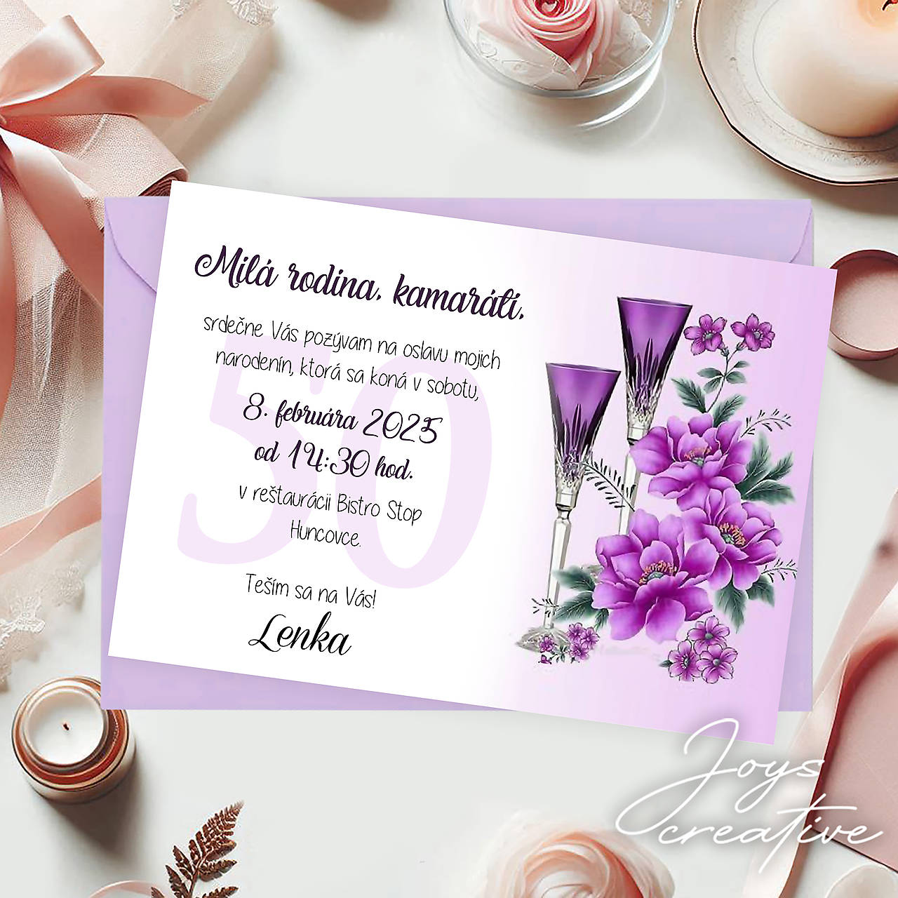 Pozvánka na narodeniny, narodeninová pozvánka s pohármi a fialovými kvetmi
