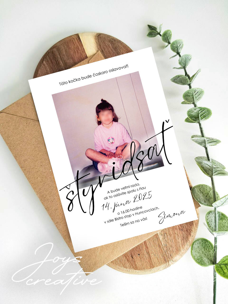 Pozvánka na narodeniny pre ženu, narodeninová pozvánka na oslavu s fotkou z detstva B16