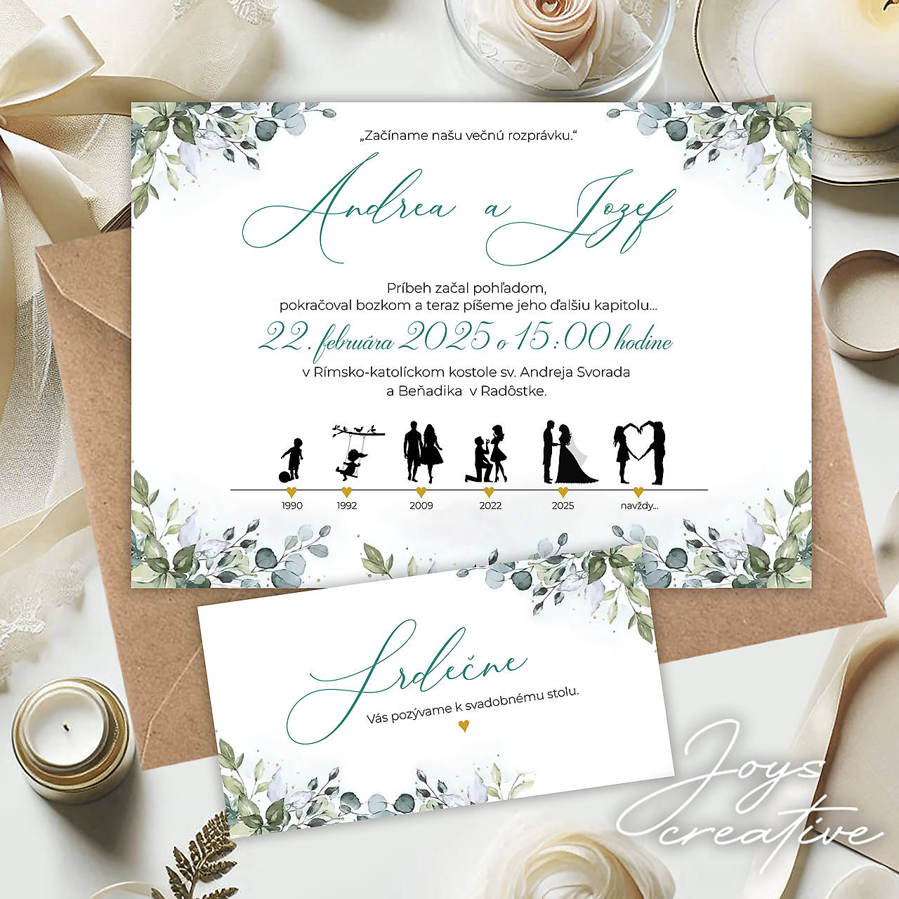 Svadobné oznámenie príbeh lásky greenery
