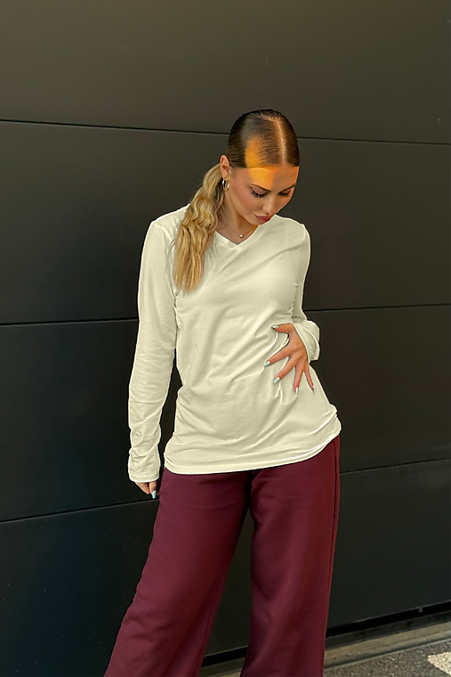 Pánske oblečenie - Tričko s dlhým rukávom z organickej bavlny výstrih V UNISEX IVORY - 17322923_