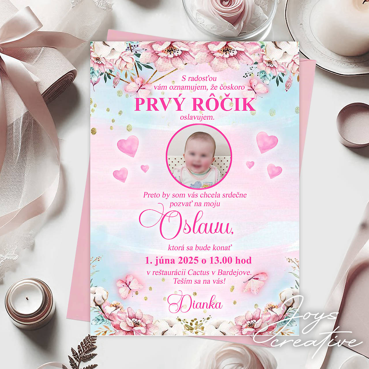 Narodeninová pozvánka ružovomodrá so srdiečkami