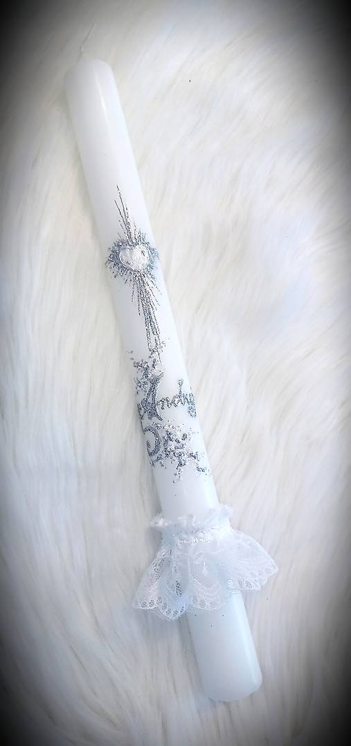 Sviečky - sviečka na krst / sviečka na prvé sväté prijímanie  (Sviečka - strieborná + krajková ozdoba) - 17325795_