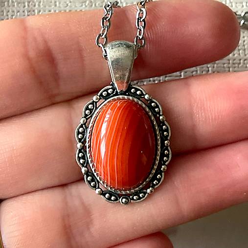 Stripe Agate Antique Silver Pendant / Prívesok s pásikavým achátom E066