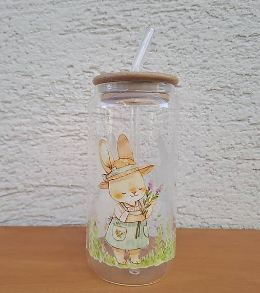 Nádoby - Sklenený pohár so slamkou Zajkovia záhradníci (H20) - 17341164_