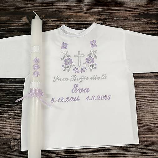 Detské oblečenie - Košieľka na krst k14 fialová šedá a sviečka na krst fialové kvietky - 17345183_