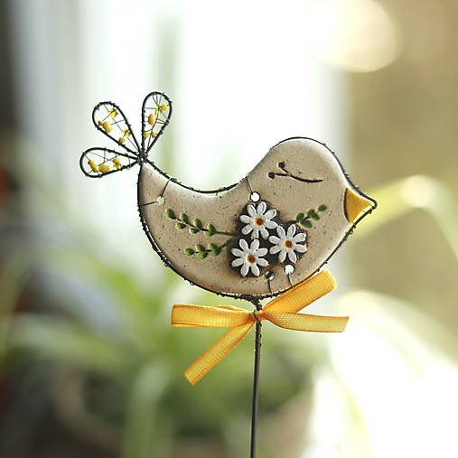 Dekorácie - zápich s keramickým vtáčikom - 17348939_