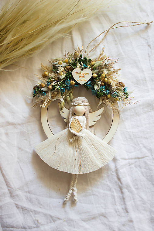 Dekorácie - Anjel s kvetmi "Ďakujem pani učiteľka" (biela) - 17348140_