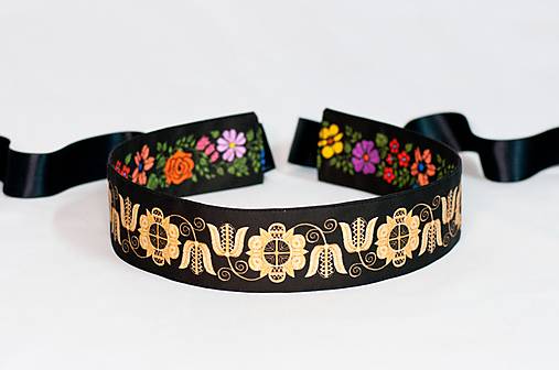 Opasky - Čierny folk opasok z regiónu Horná Nitra - Nitrianske Pravno (Obojstranný široký 5,5 cm - vzor po celom opasku) - 17349963_