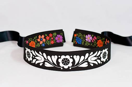 Opasky - Folk opasok z regiónu Považie - Krakovany (Čierny s bielym vzorom - obojstranný) - 17350007_