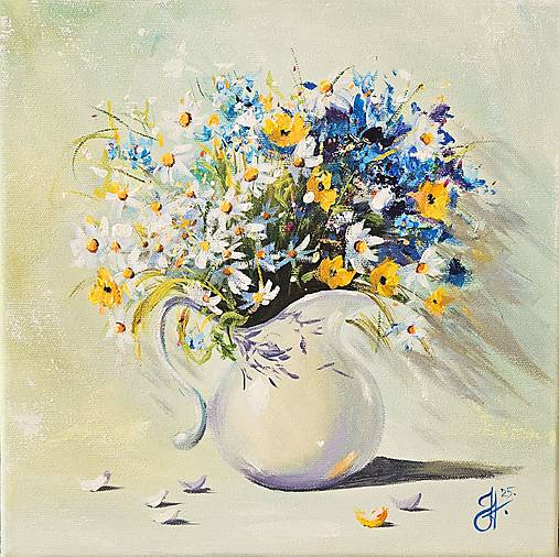 Obrazy - Obraz "Margaréty v džbáne", 30x30 cm - 17349325_