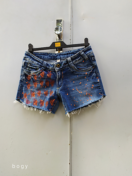 Nohavice - recy džínové kraťasy s potiskem (pas 80, boky 90) - 17355878_