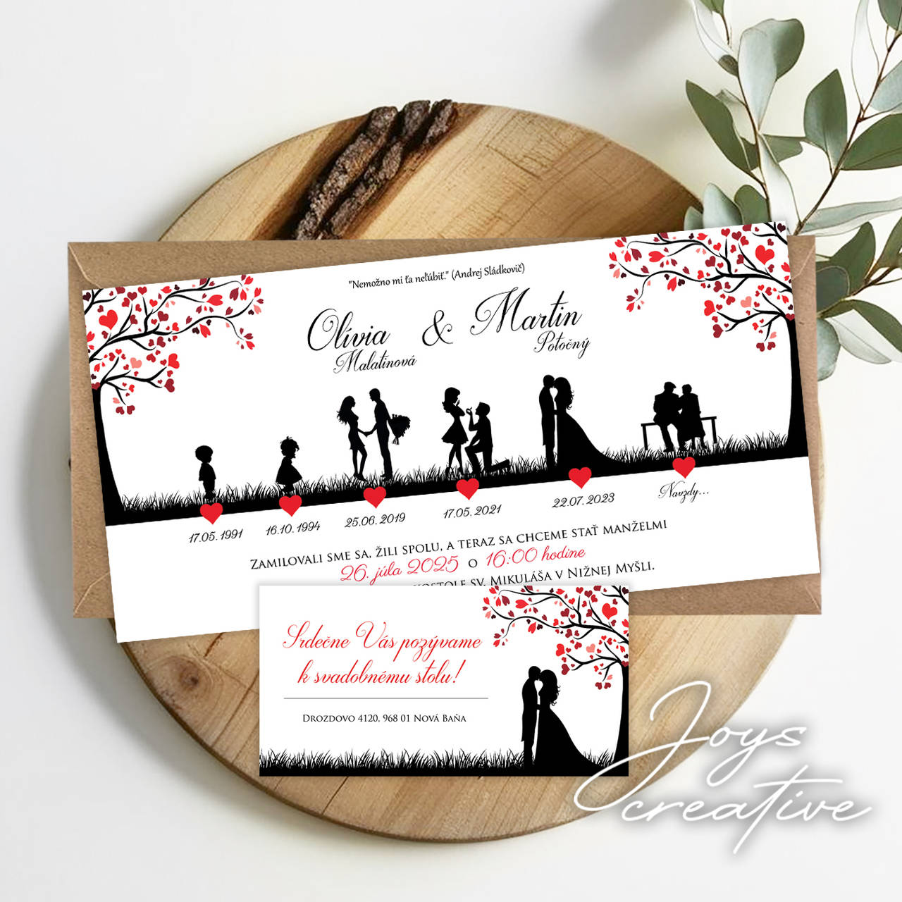 Svadobné oznámenie príbeh lásky, časová os (Červená)