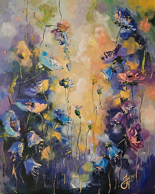 Obrazy - Obraz "Fialové kvety na lúke" - olejomaľba, sololit, 40x50 cm - 17360377_