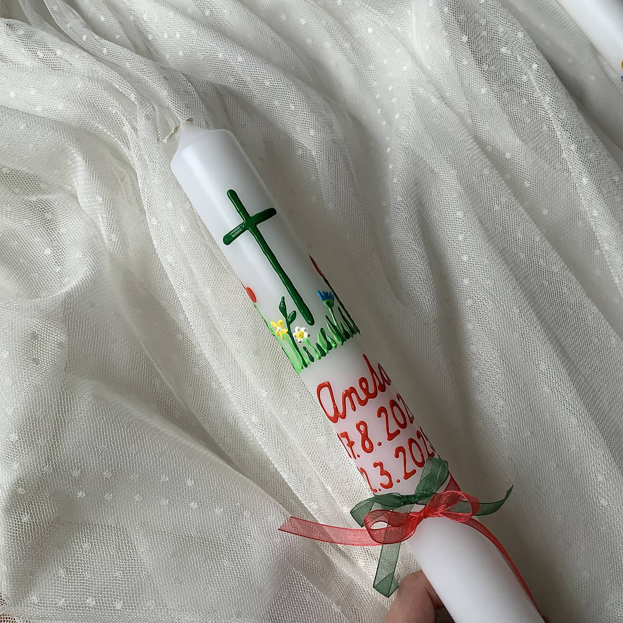 Ručne maľovaná krstná svieca s personalizáciou – 35 cm, biely vosk