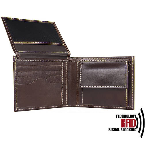 Pánske tašky - Ochranná pánska kožená peňaženka vybavená blokáciou RFID / NFC v tmavo hnedej farbe - 17367805_