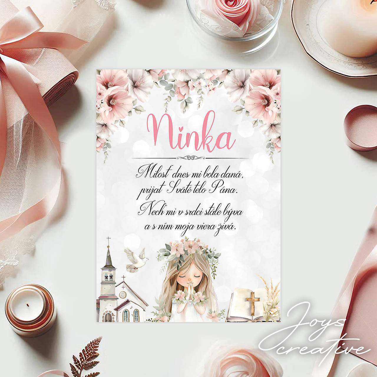 Samolepiaca etiketa na 1.sv. prijímanie dievčatko a kostol (Meno + Milosť dnes mi ........)